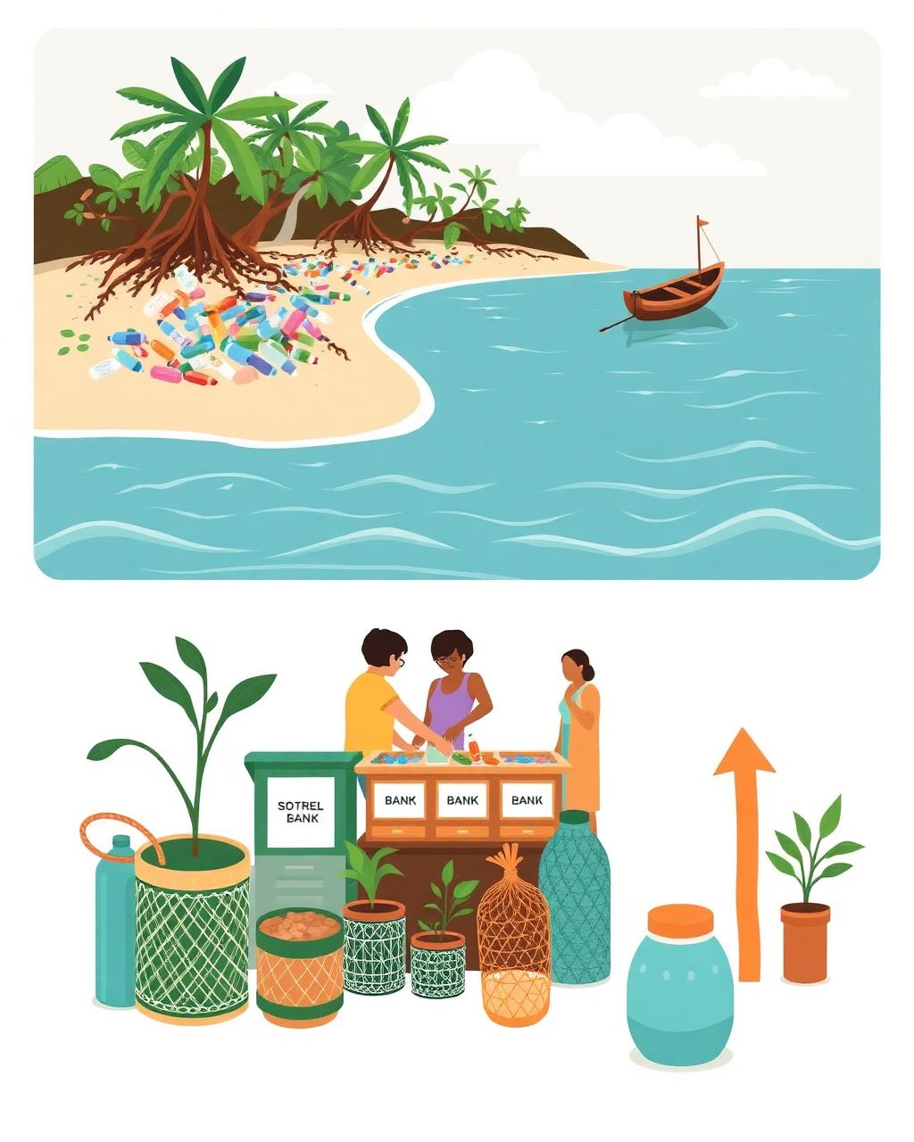 Ilustrasi pesisir Indonesia: pantai tercemar sampah plastik, warga memilah di bank sampah, hingga produk daur ulang yang menumbuhkan ekonomi lokal.